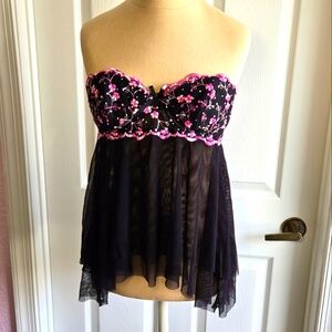 Victoria’s Secret Strapless Babydoll Top Size 36B‎ Pink Black Mesh Lace Lingerie